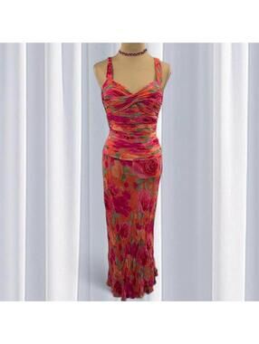 Y2K vintage nwt pink and orange beaded silk floral dress with matching scarf